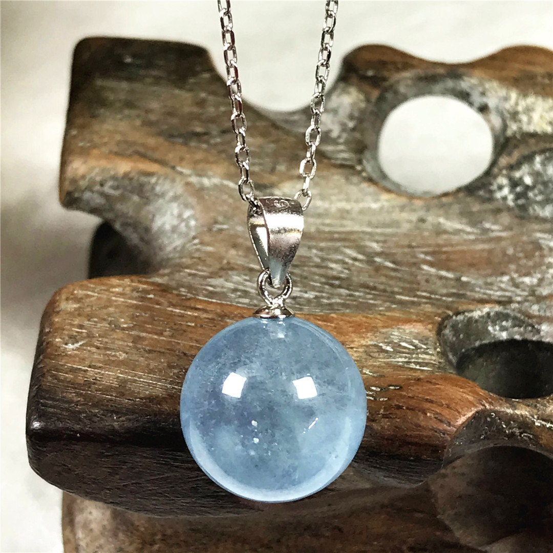 925 Sterling Silver Chain Necklace Men - 13mm Natural Blue Aquamarine Pendant Necklace