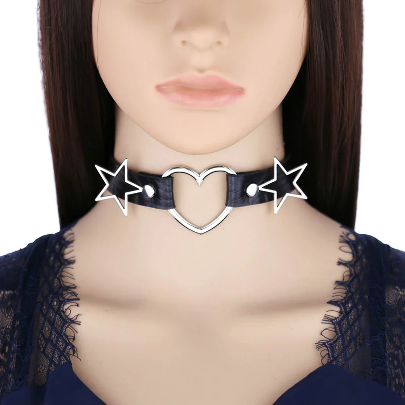 Goth Punk Spike Choker - Decopunk Punk PU Leather Heart Stars