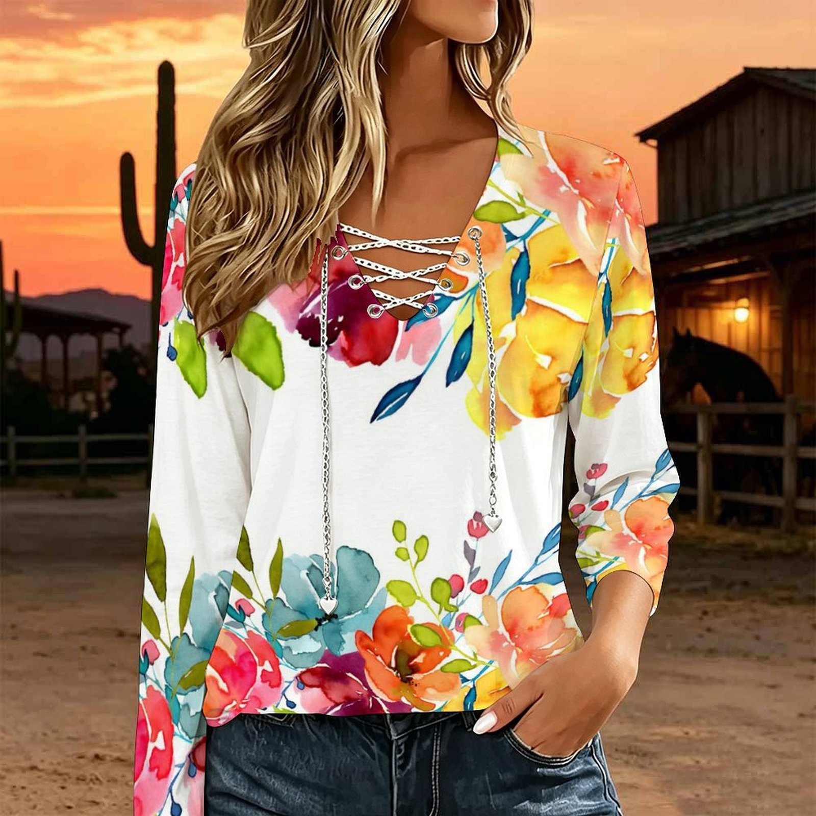 Necklaces - Women V Neck Long Sleeve Top