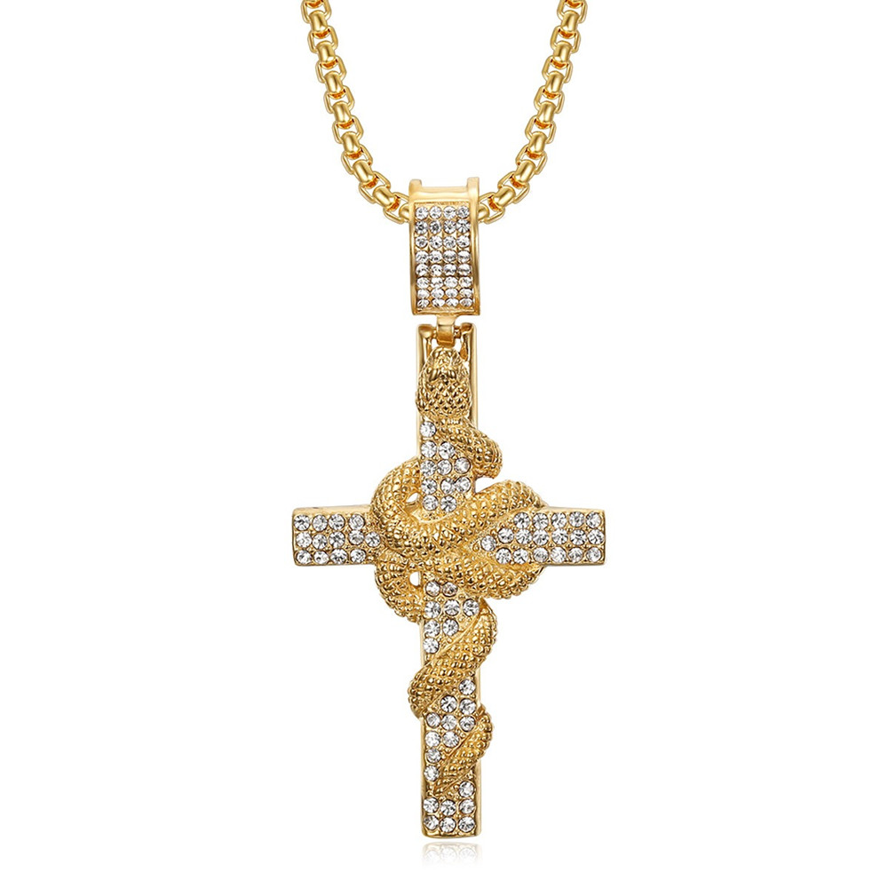 Cross Pendant Necklace Gold - Snake Pattern Carved Stainless Steel Cross