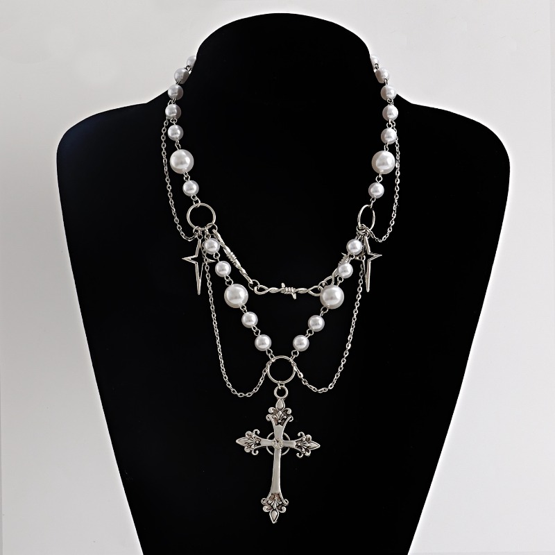 Punk Crosses Pendant Necklace  - Pearl Choker Necklace Vintage ulasan dan harga
