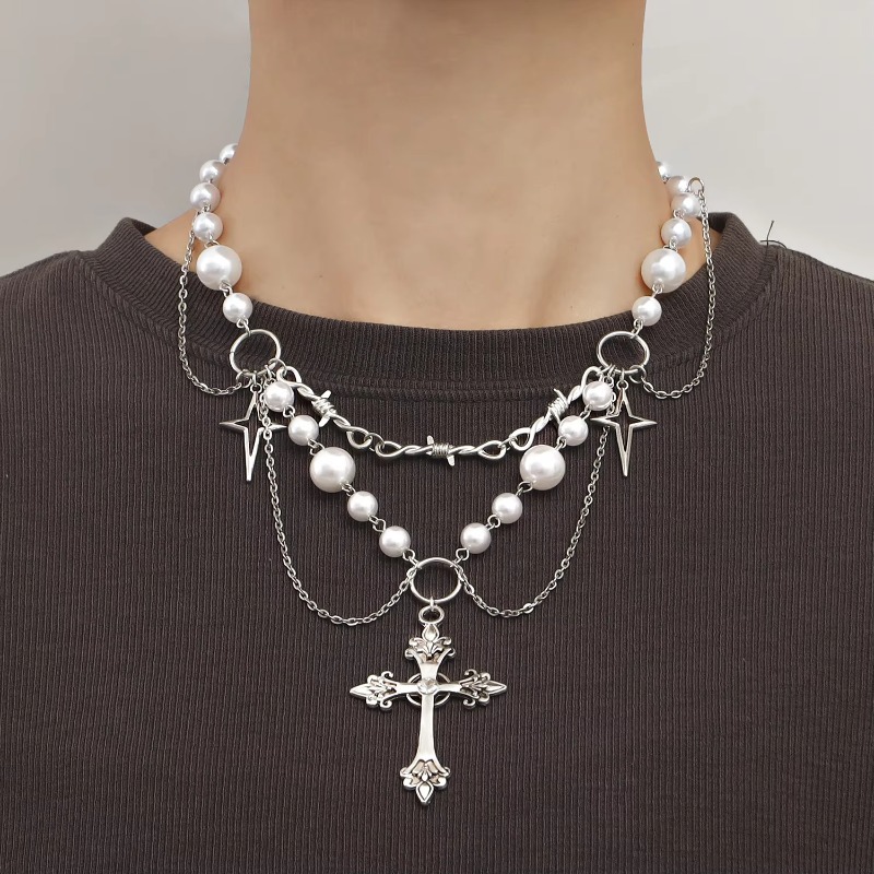 Punk Crosses Pendant Necklace  - Pearl Choker Necklace Vintage ulasan dan harga