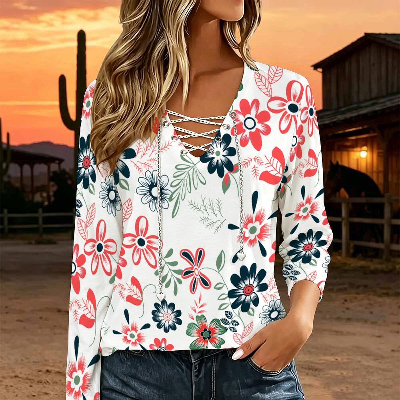 Women V Neck Long Sleeve Top M - Necklaces ulasan dan harga