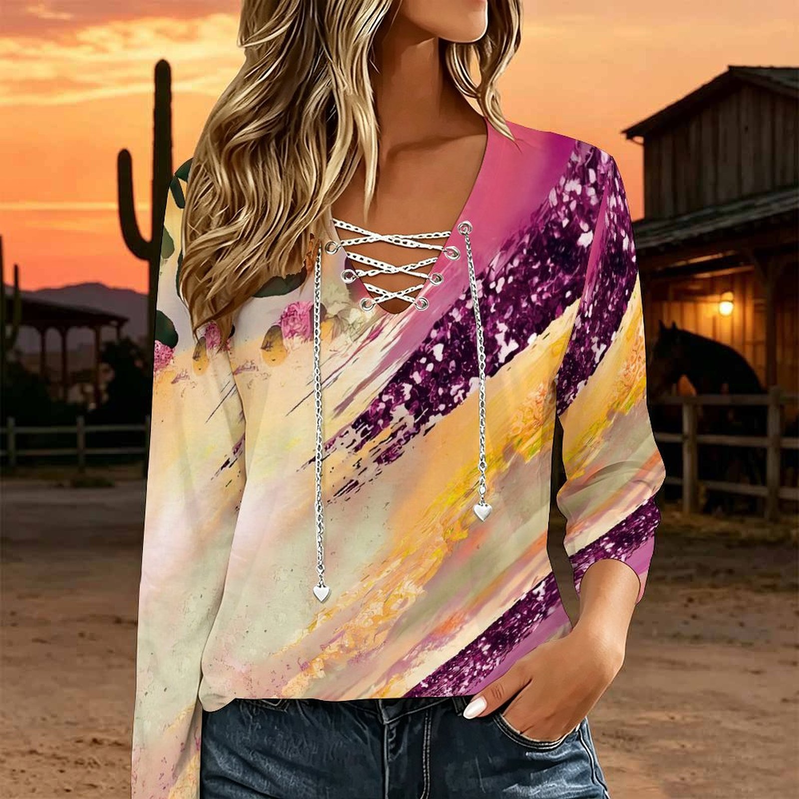 Women V Neck Long Sleeve Top M - Necklaces ulasan dan harga