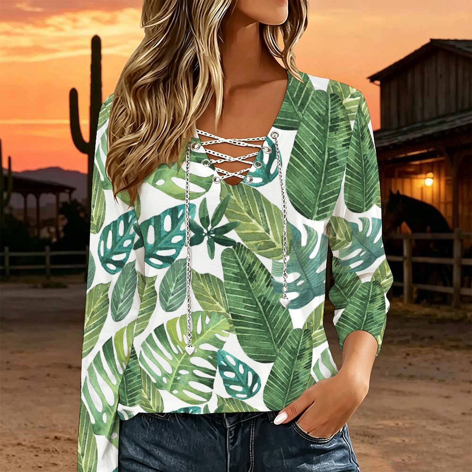 Women V Neck Long Sleeve Top M - Necklaces ulasan dan harga