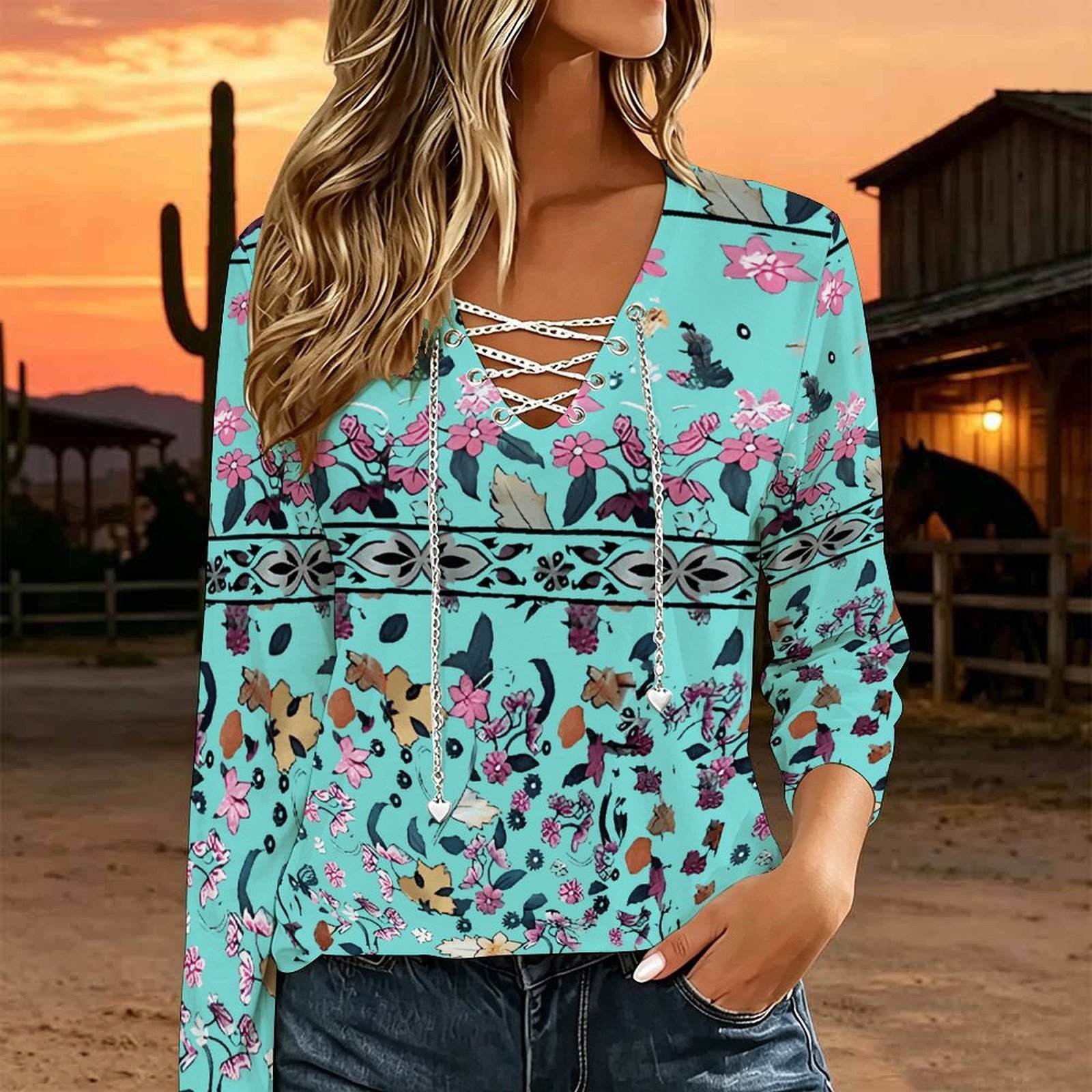Women V Neck Long Sleeve Top M - Necklaces ulasan dan harga