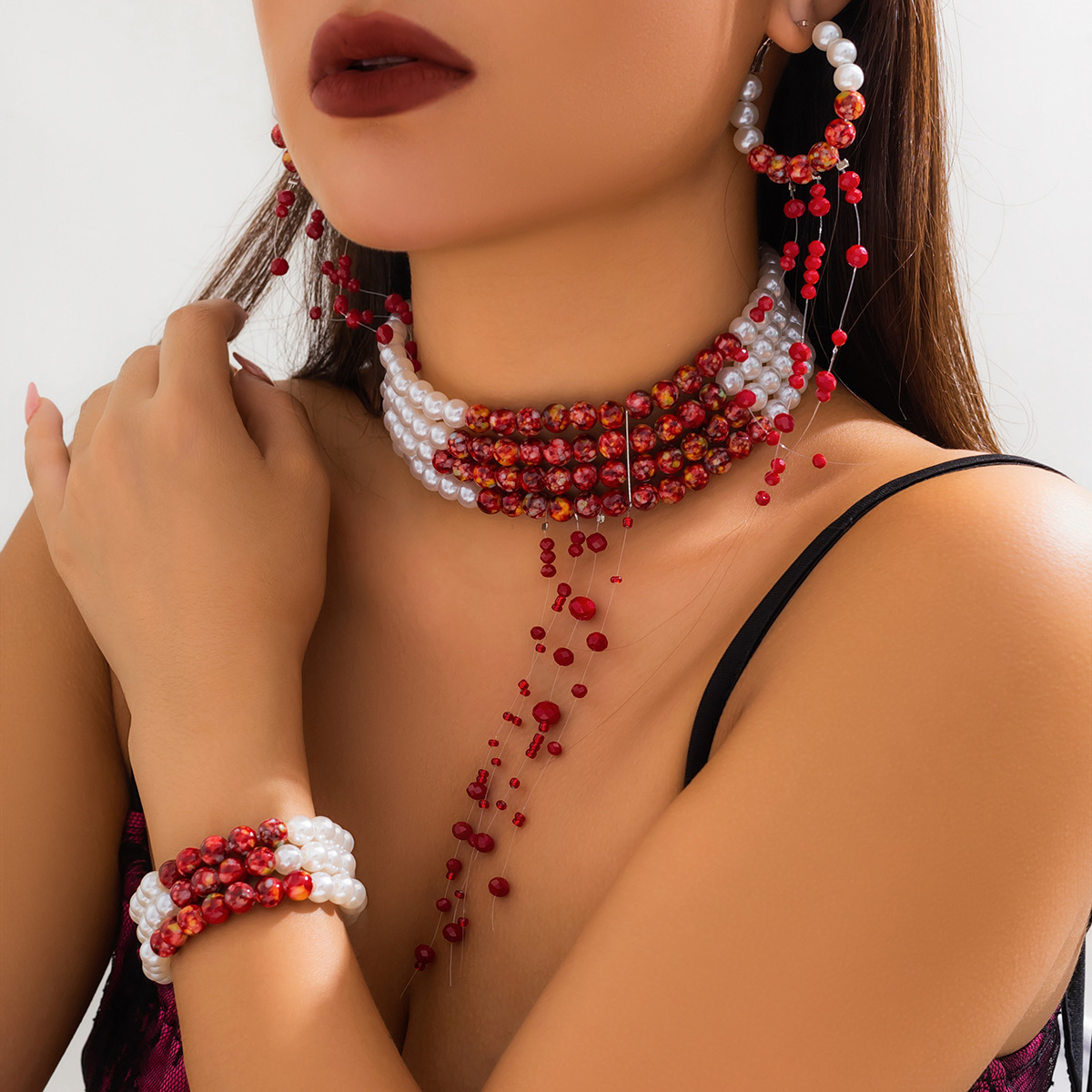 Multilayer Vintage Red Blood P - Pearl Choker Necklace Vintage ulasan dan harga