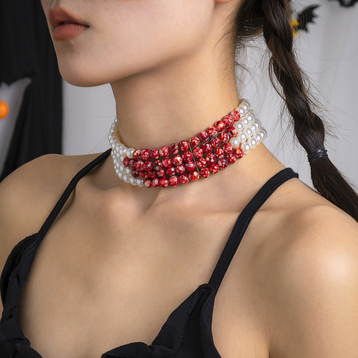 Multilayer Vintage Red Blood P - Pearl Choker Necklace Vintage ulasan dan harga