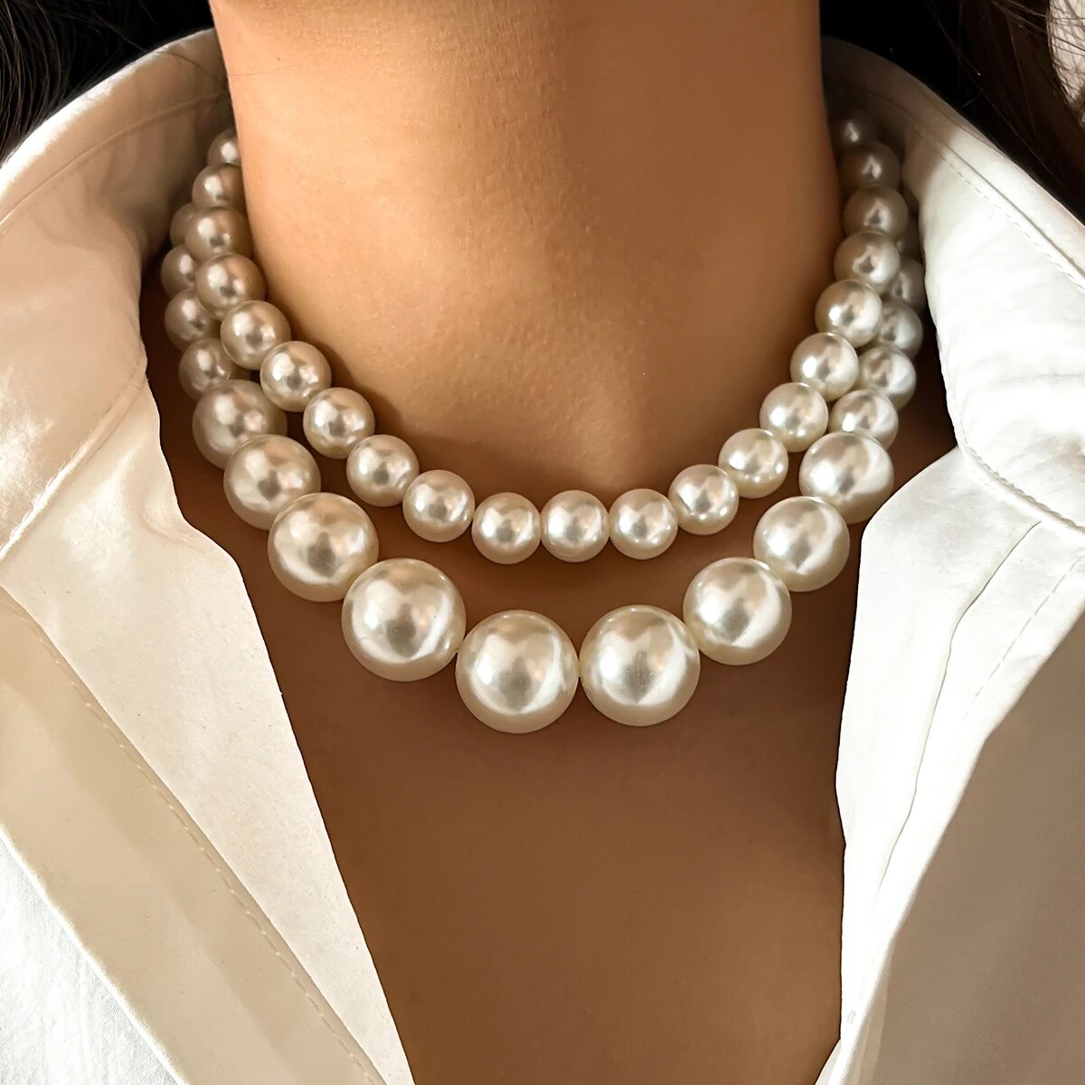 2Pcs/Set Exaggerated Big Imita - Pearl Choker Necklace Vintage ulasan dan harga