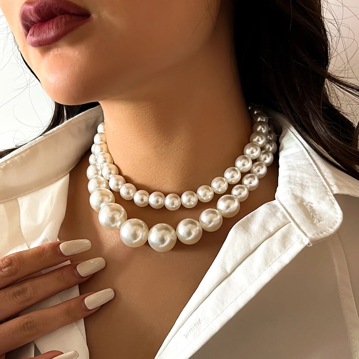 2Pcs/Set Exaggerated Big Imita - Pearl Choker Necklace Vintage ulasan dan harga