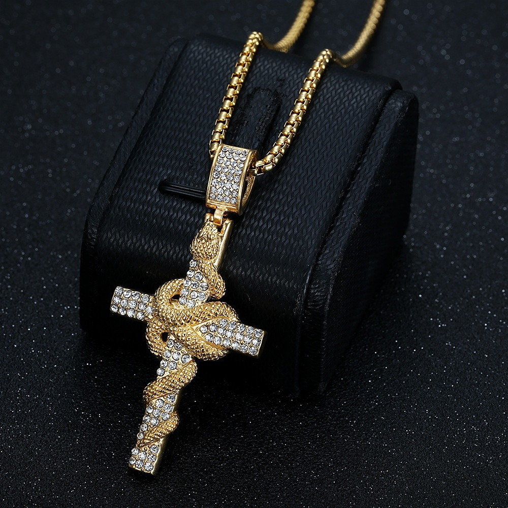 Snake Pattern Carved Stainless - Cross Pendant Necklace Gold ulasan dan harga