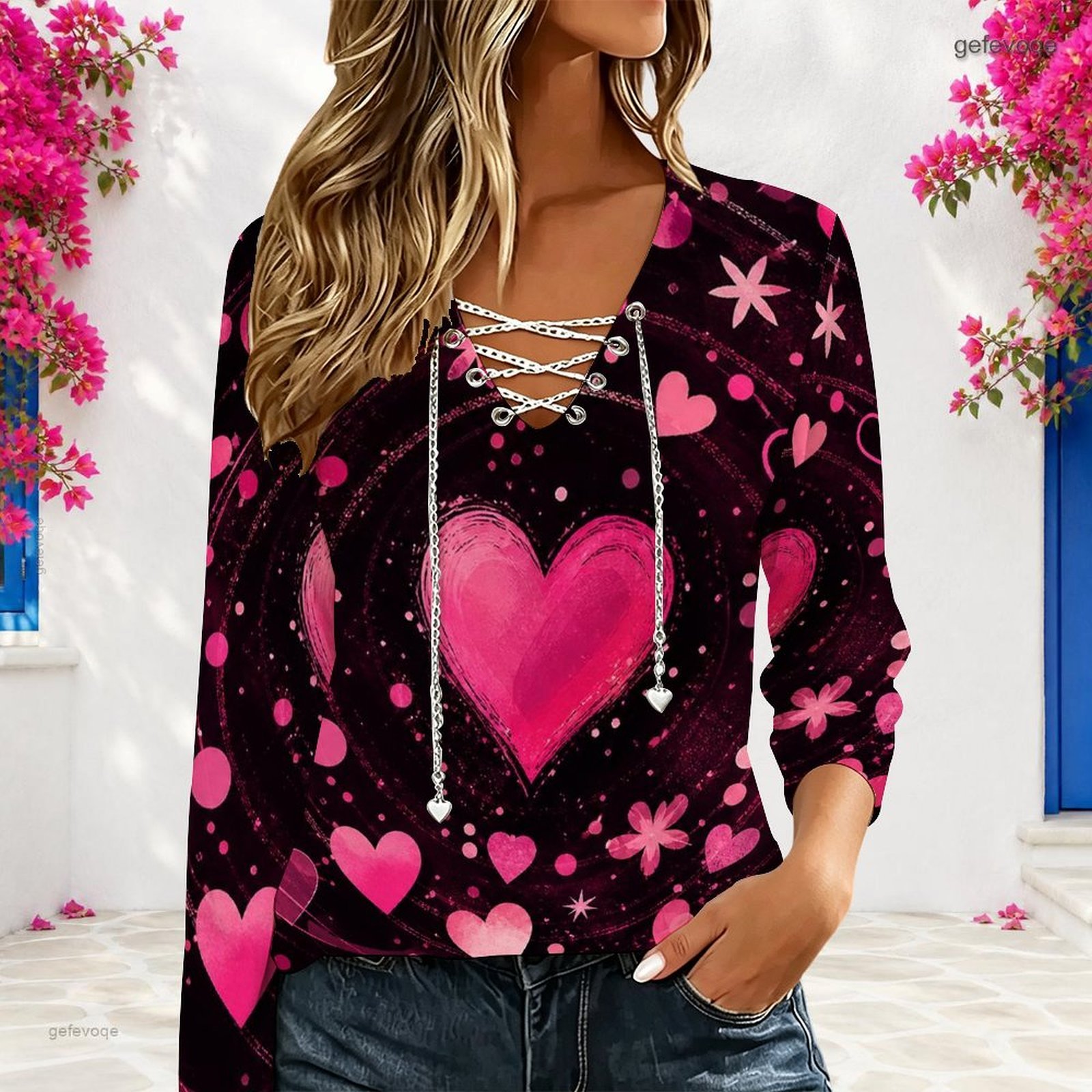 Women V Neck Long Sleeve Top M - Necklaces ulasan dan harga