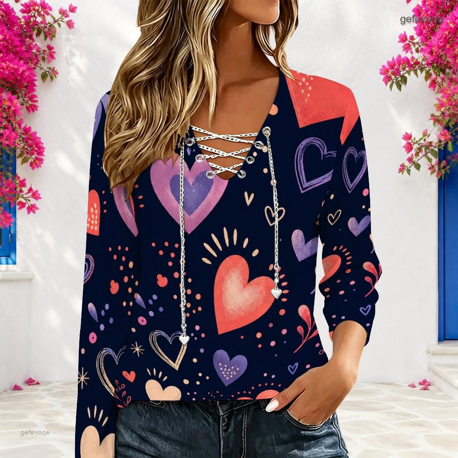 Women V Neck Long Sleeve Top M - Necklaces ulasan dan harga