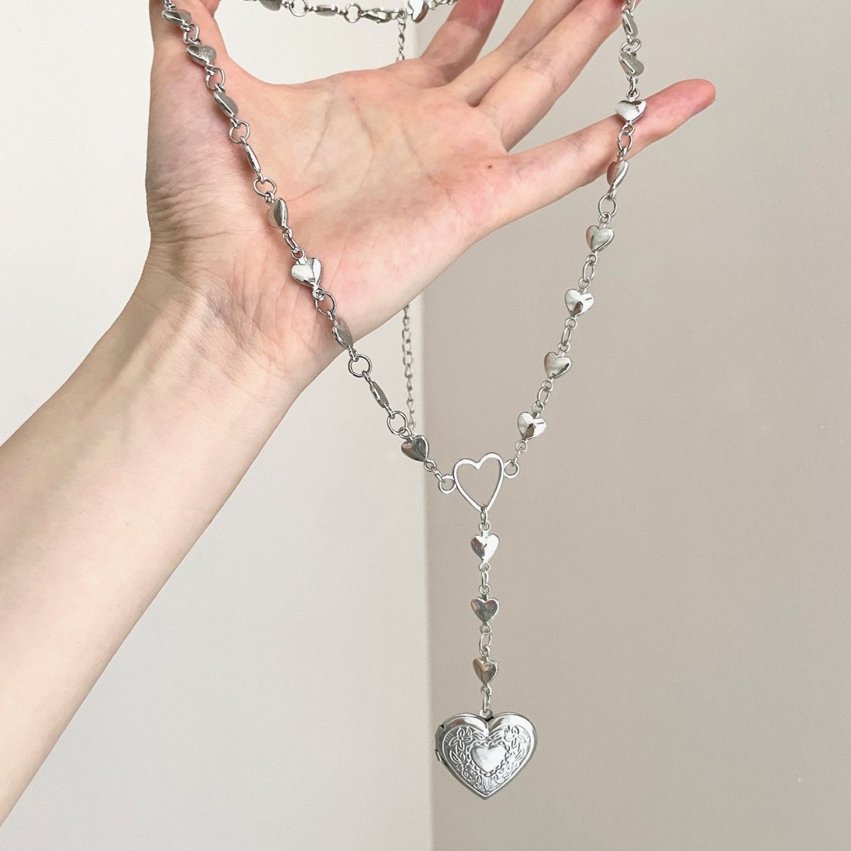 Silver Full Heart Link Locket  - Heart Locket Necklace Photo ulasan dan harga
