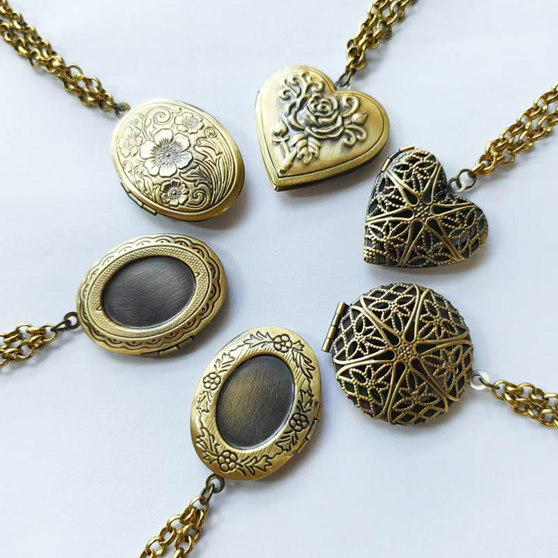 1pc Antique Bronze Heart Round - Heart Locket Necklace Photo ulasan dan harga