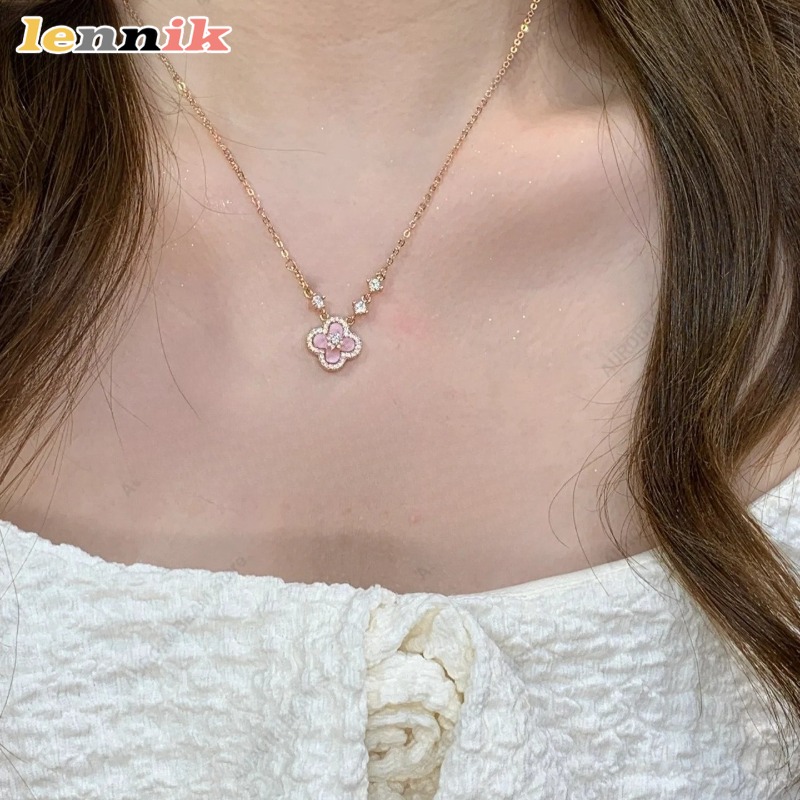Pink Shell Necklace, Four Leaf - Layered Pendant Necklace Aesthetic ulasan dan harga